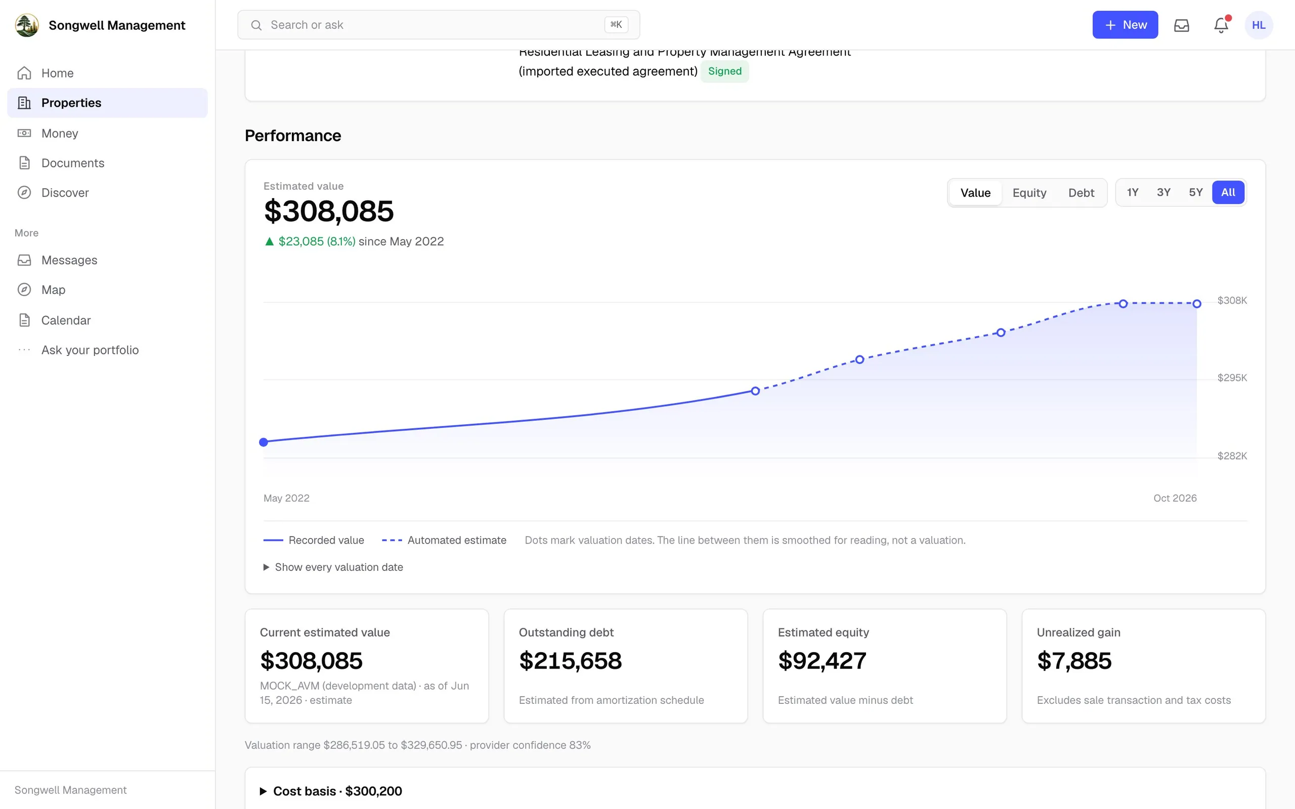 Property value chart with value, debt and equity cards, demo data