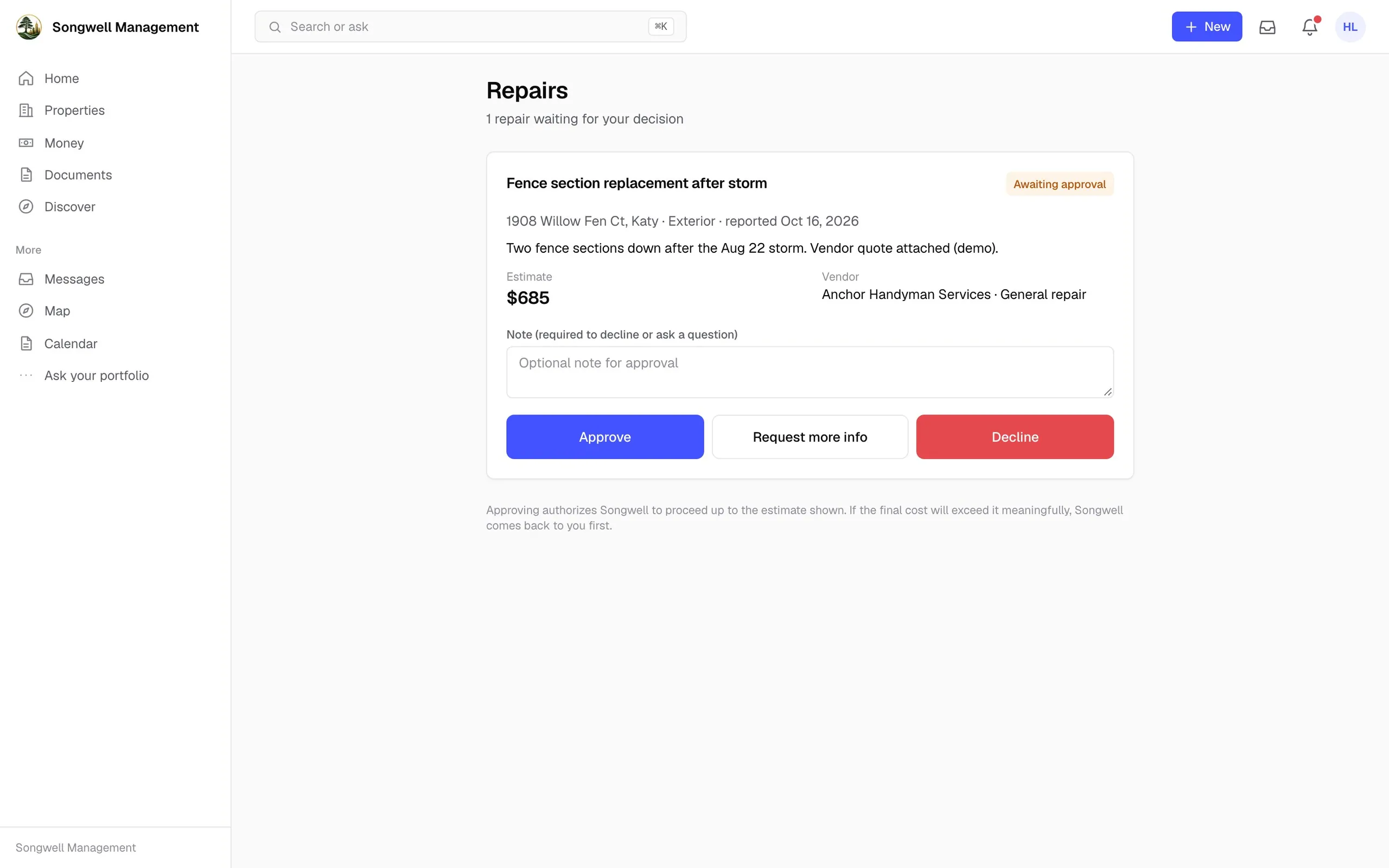 Repairs across the owner's homes, demo data
