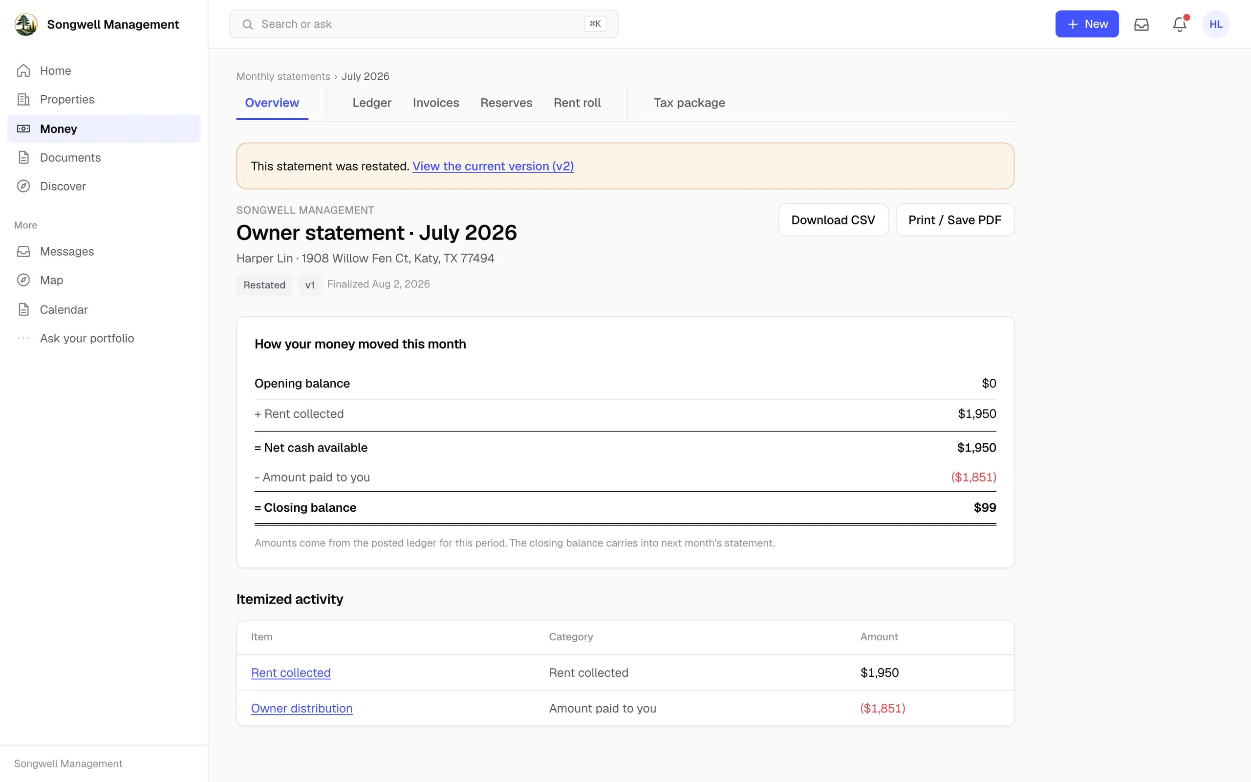 Monthly owner statement that reconciles opening to closing balance, demo data